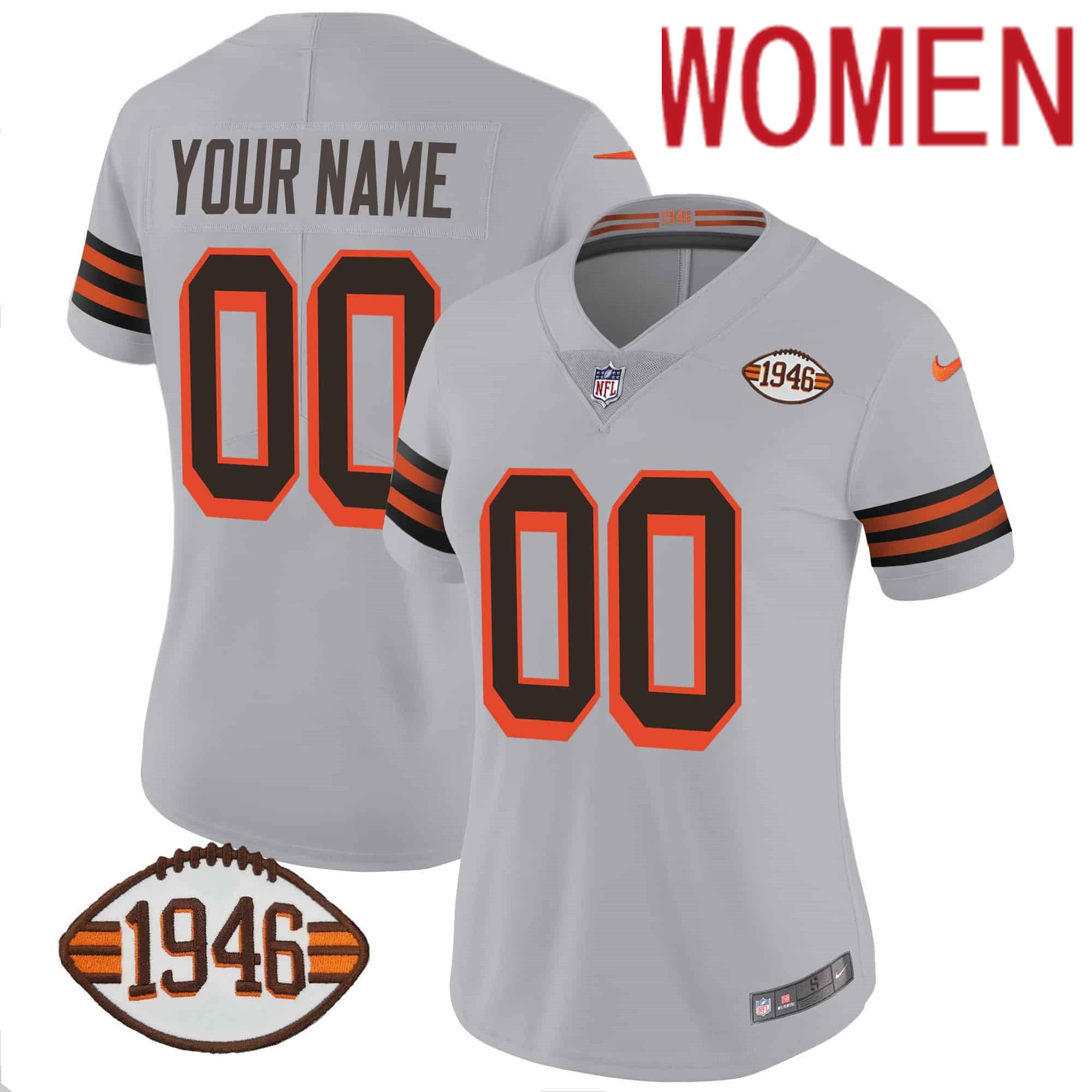 Women Cleveland Browns Grey 1946 75th Anniversary Patch Custom 2024 Nike NFL Jersey